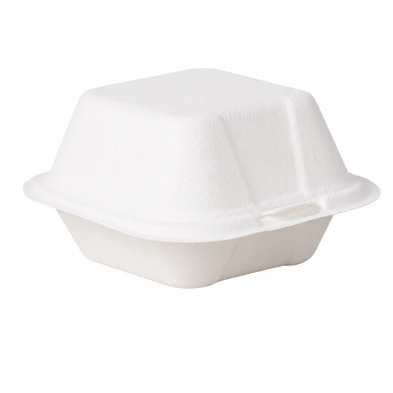 White 4-Inch Bagasse Clamshell Hamburger Box