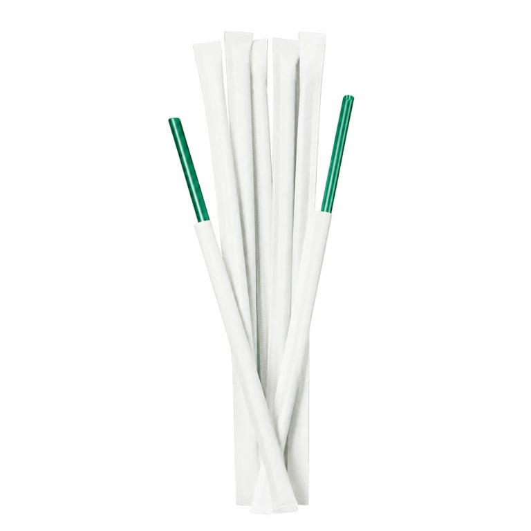 Food-Grade PP Straw 6×23cm, white paper, dark green pointed tip, 100 pcs