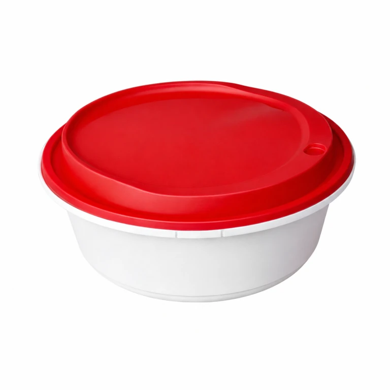 Disposable Thickened Plastic Round Bowl with Lock Lid, 1000ml, White Bowl / Red Lid