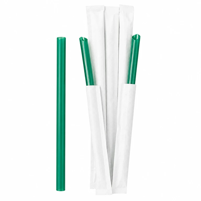 Food-Grade PP Straw 19×12cm, white paper, dark green pointed tip, 100 pcs
