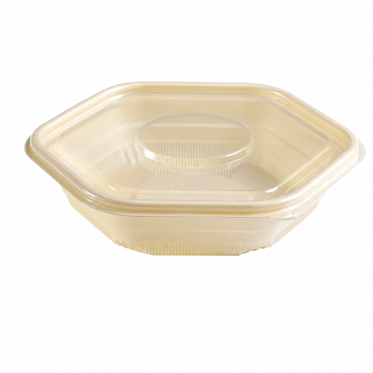 flat-bottom hexagonal bowl 750 with matching high-clarity PET lid