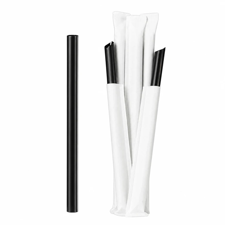Food-Grade PP Straw 19×12cm, white paper, black pointed tip, 100 pcs