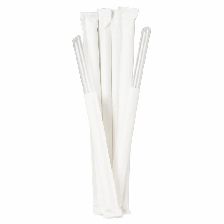 Food-Grade PP Straw 23×12cm, white paper, transparent pointed tip, 100 pcs