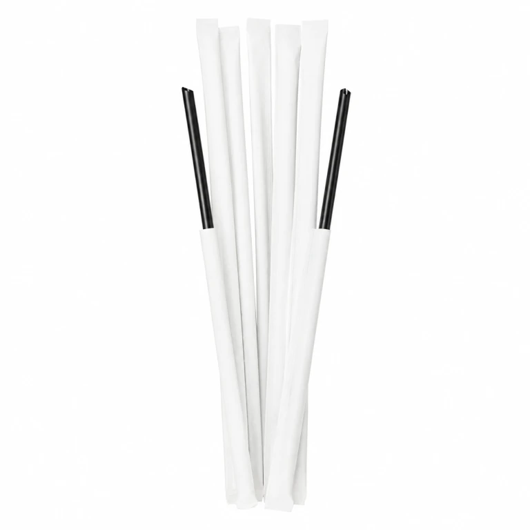 Food-Grade PP Straw 6×23cm, white paper, black pointed tip, 100 pcs