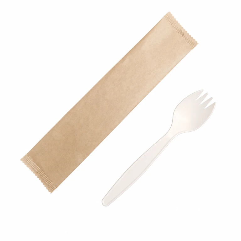 Corn Starch White Spork 7 inch, individually wrapped in kraft paper