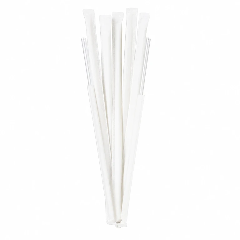 Food-Grade PP Straw 6×23cm, white paper, transparent pointed tip, 100 pcs