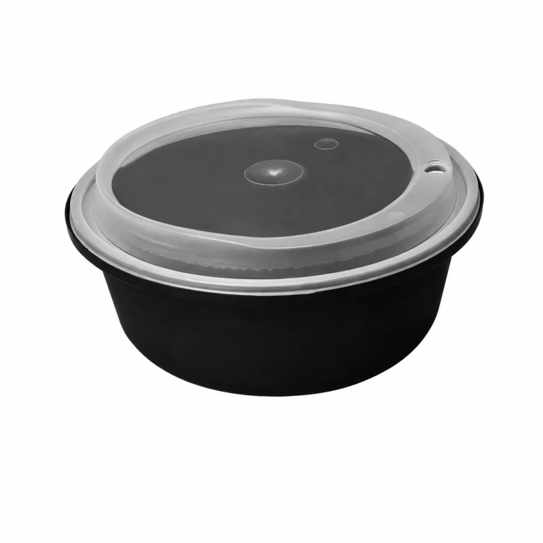 Disposable Thickened Plastic Round Bowl with Lock Lid, 1000ml, Black