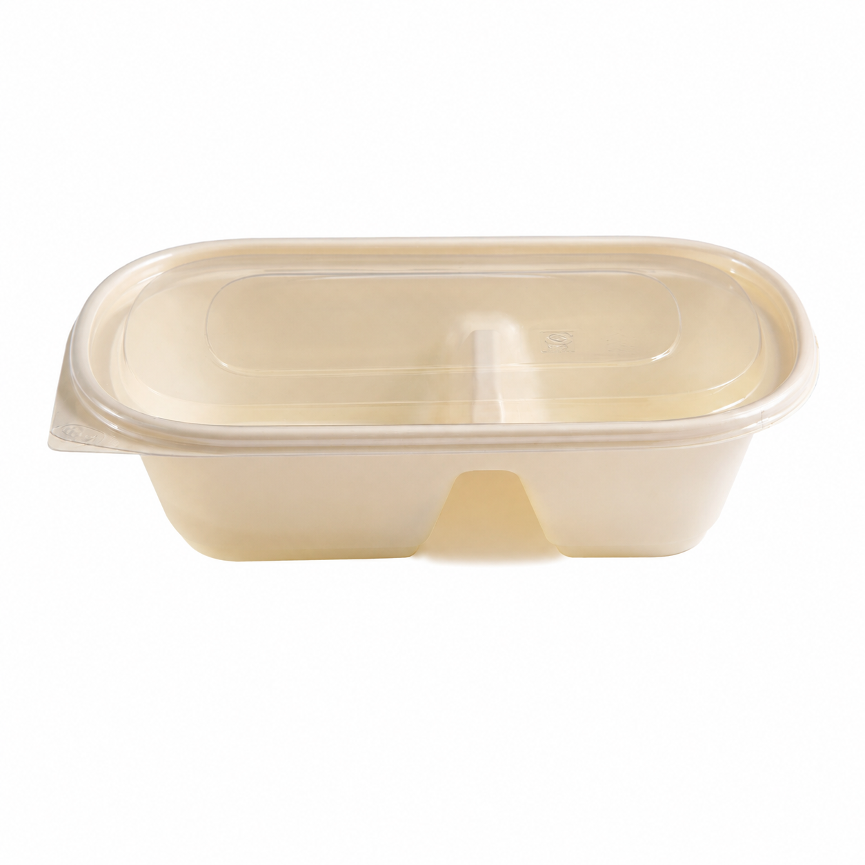 two-compartment container 800 + high-clarity PET lid
