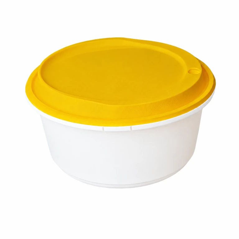 Disposable Thickened Plastic Round Bowl with Lock Lid, 1250ml, White Bowl / Yellow Lid