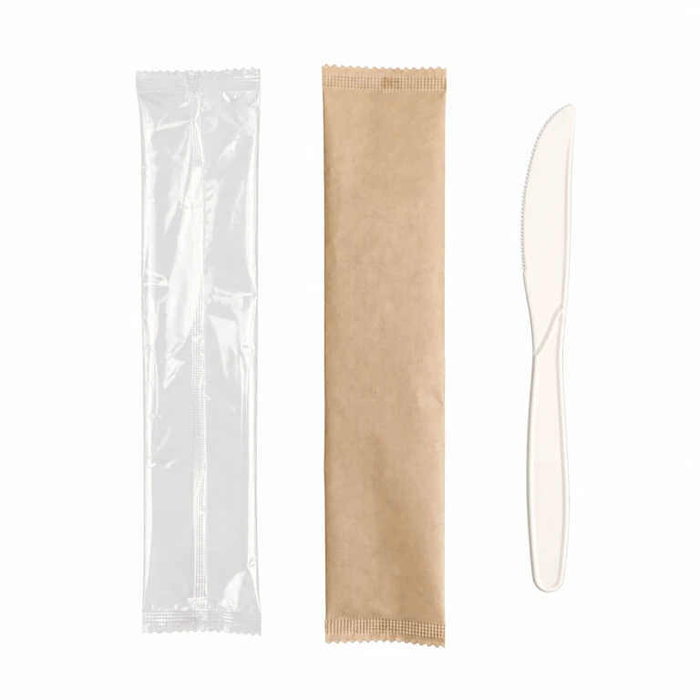 Corn Starch White Knife 7 inch, individually wrapped in kraft paper