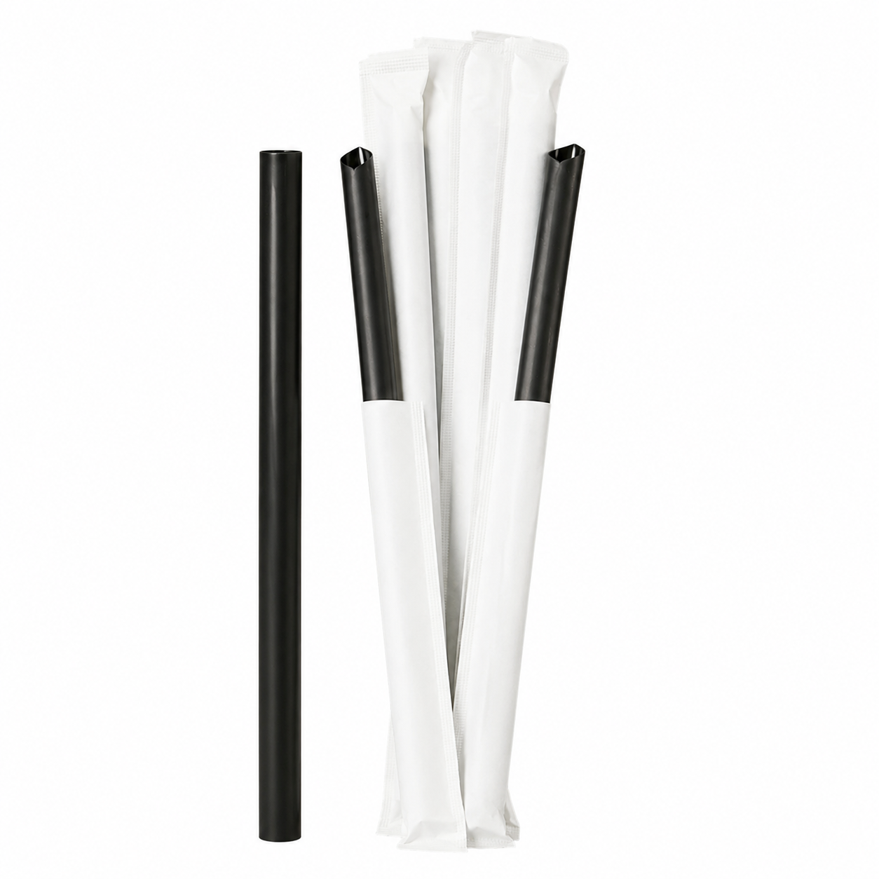 Food-Grade PP Straw 23×12cm, white paper, black pointed tip, 100 pcs