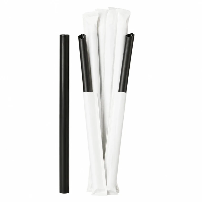 Food-Grade PP Straw 23×12cm, white paper, black pointed tip, 100 pcs