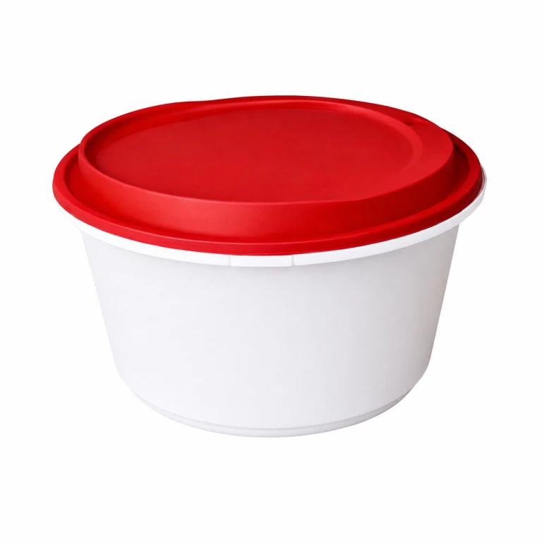 Disposable Thickened Plastic Round Bowl with Lock Lid, 1500ml, White Bowl / Red Lid