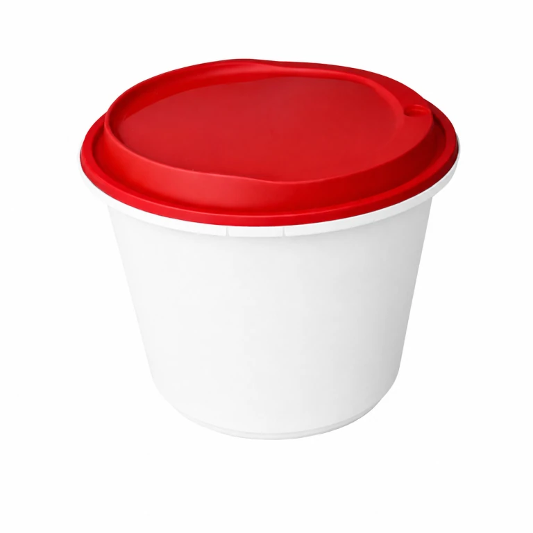 Disposable Thickened Plastic Round Bowl with Lock Lid, 2000ml, White Bowl / Red Lid