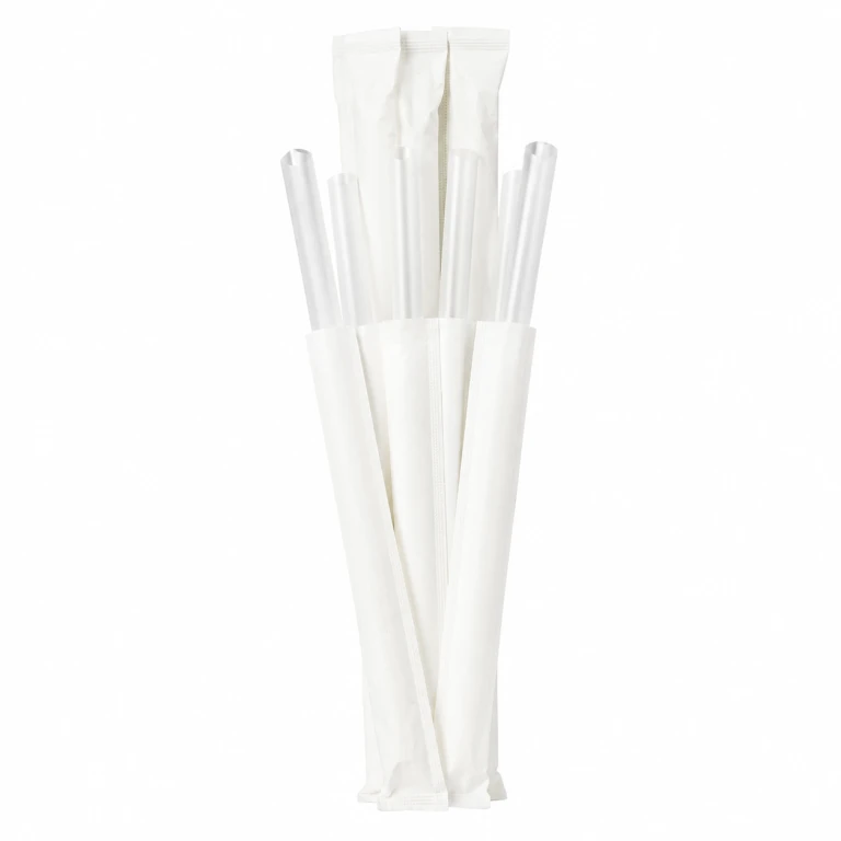 Food-Grade PP Straw 19×12cm, white paper, transparent pointed tip, 100 pcs