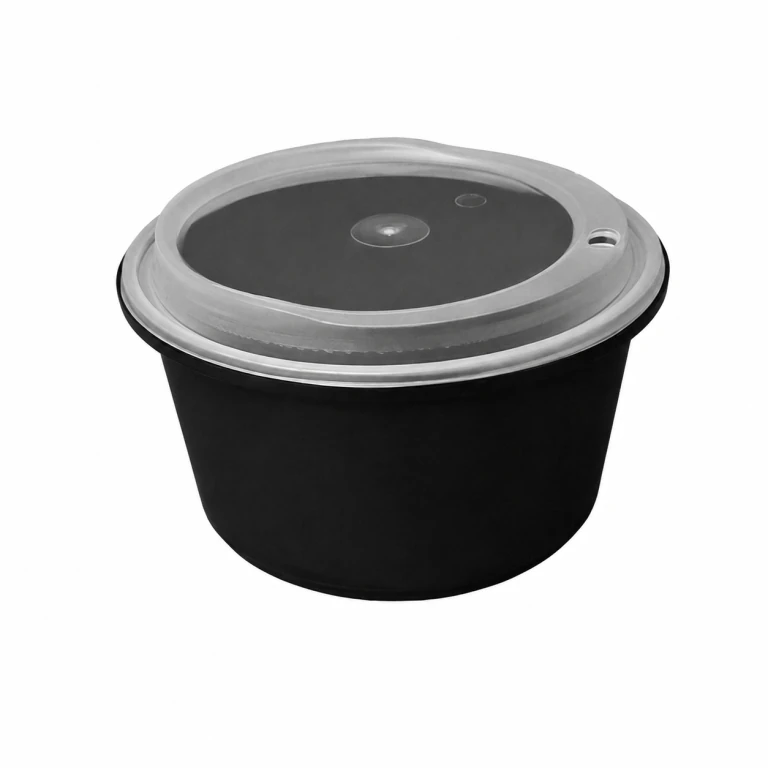 Disposable Thickened Plastic Round Bowl with Lock Lid, 1500ml, Black
