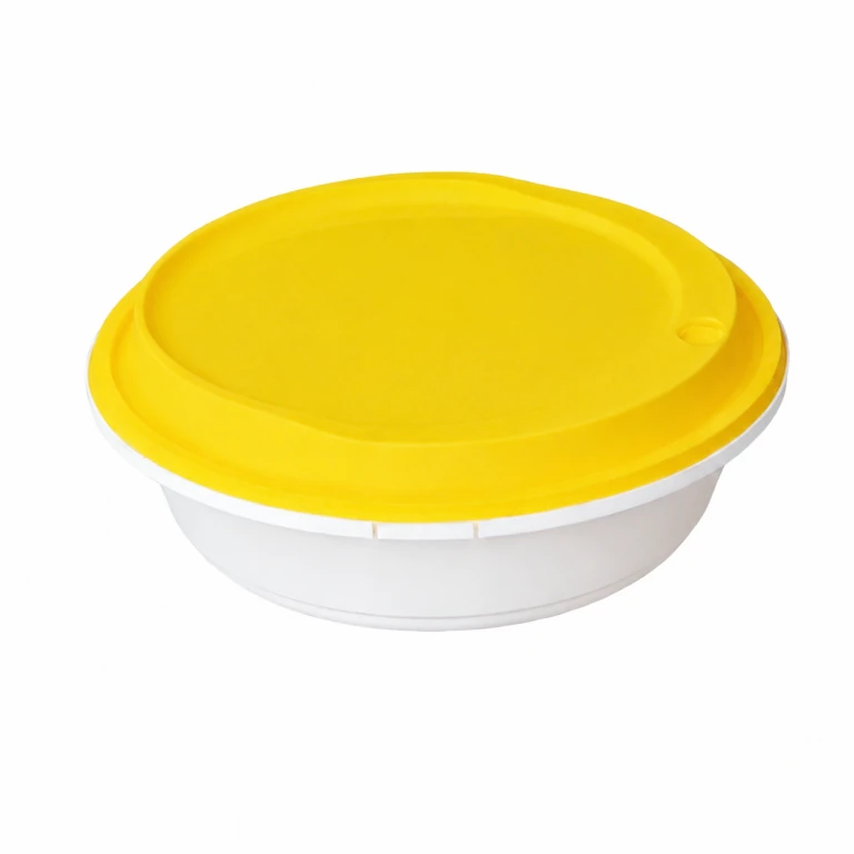 Disposable Thickened Plastic Round Bowl with Lock Lid, 750ml, White Bowl / Yellow Lid