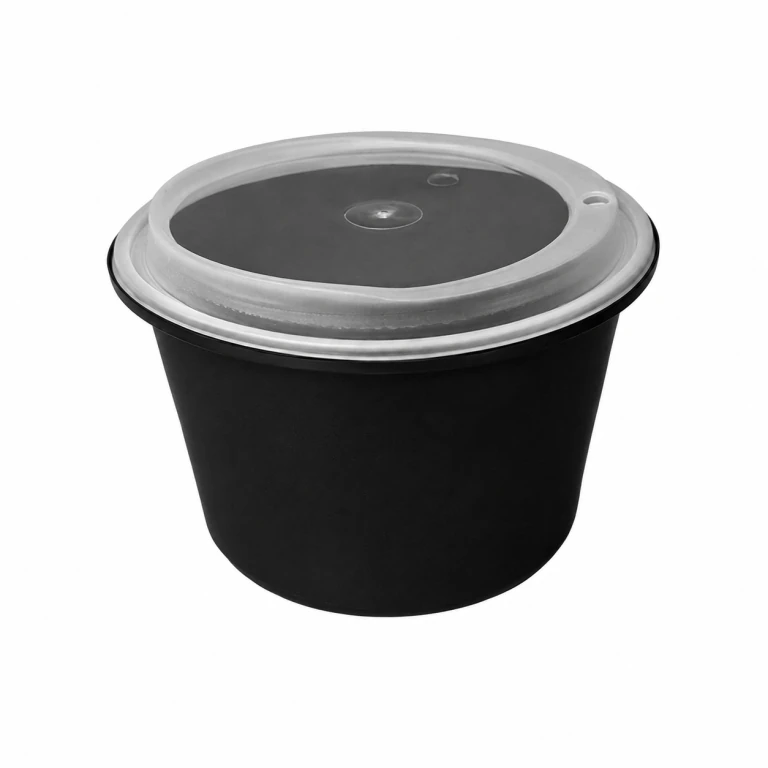 Disposable Thickened Plastic Round Bowl with Lock Lid, 1750ml, Black