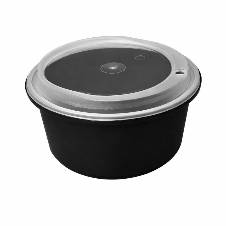 Disposable Thickened Plastic Round Bowl with Lock Lid, 1250ml, Black
