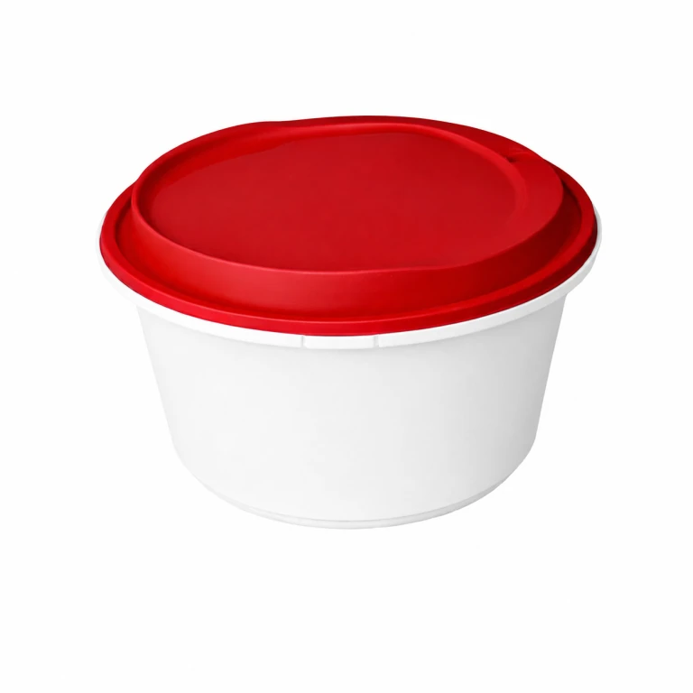 Disposable Thickened Plastic Round Bowl with Lock Lid, 1250ml, White Bowl / Red Lid