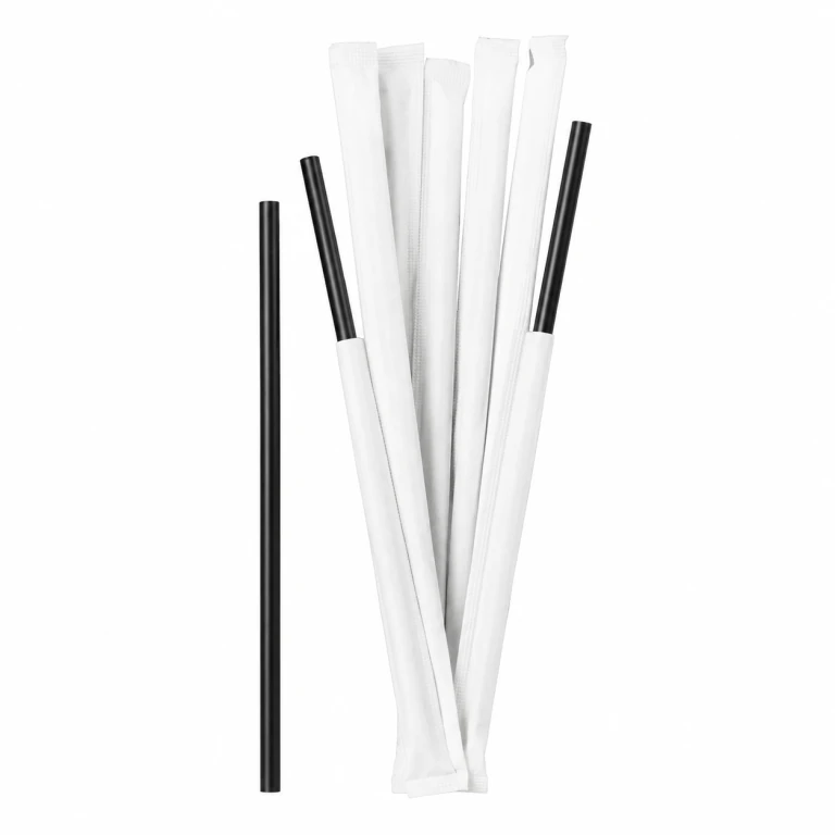 Food-Grade PP Straw 6×19cm, white paper, black pointed tip, 100 pcs