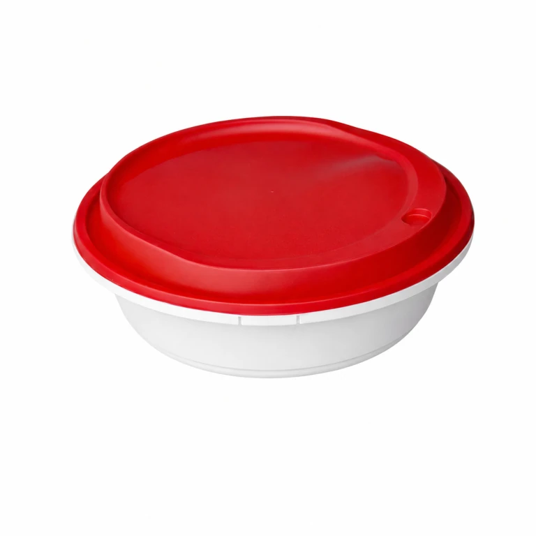 Disposable Thickened Plastic Round Bowl with Lock Lid, 750ml, White Bowl / Red Lid