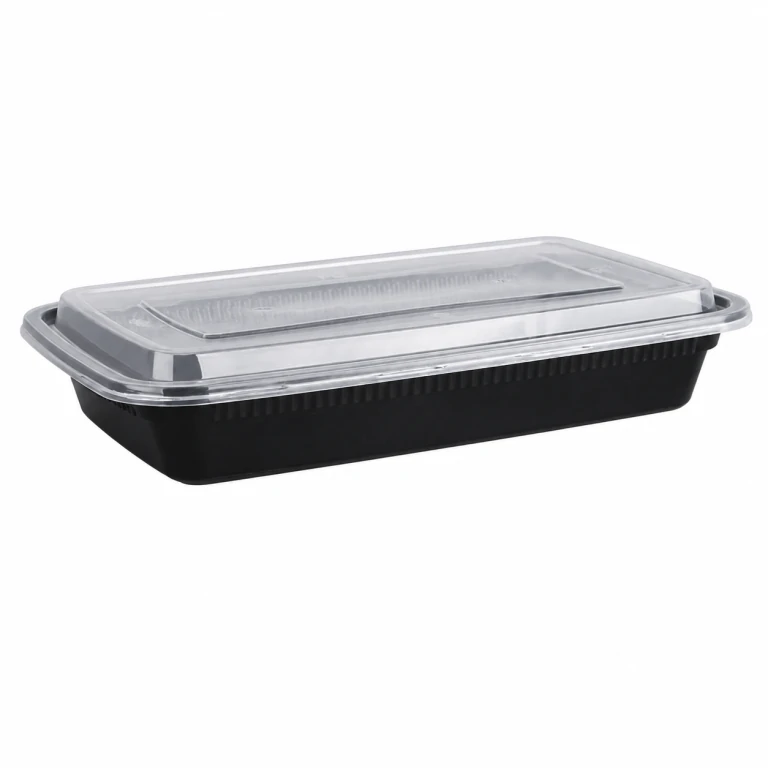 750ml disposable plastic meal box with black background and transparent lid