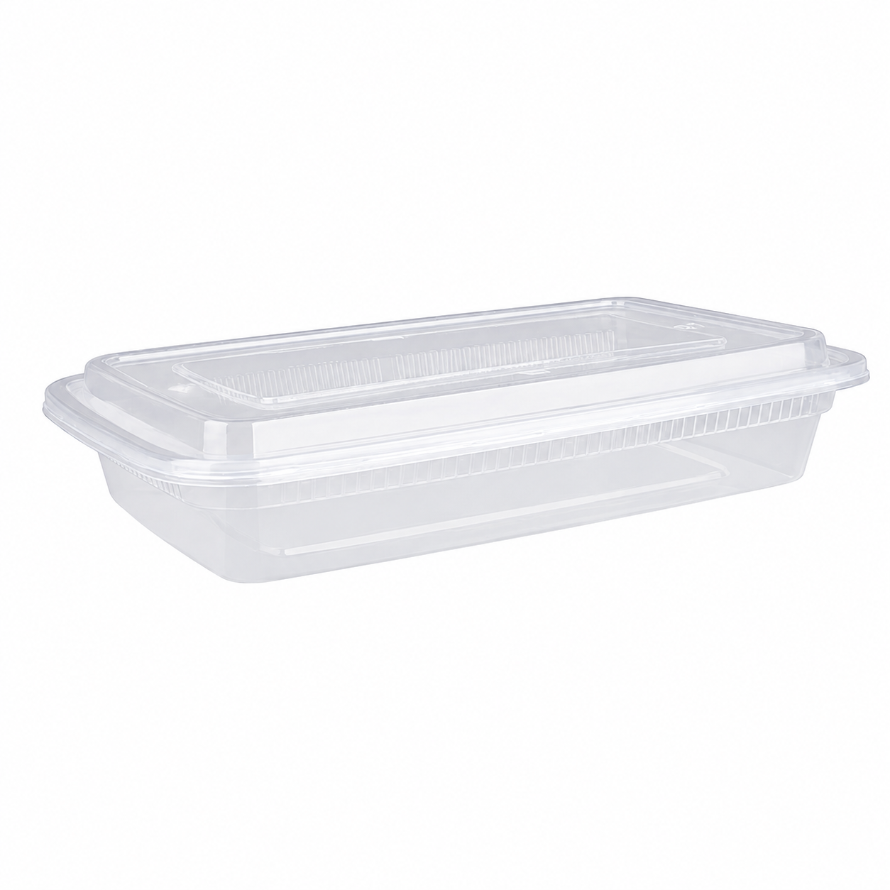 Single-use plastic takeout boxes with transparent bottoms and covers