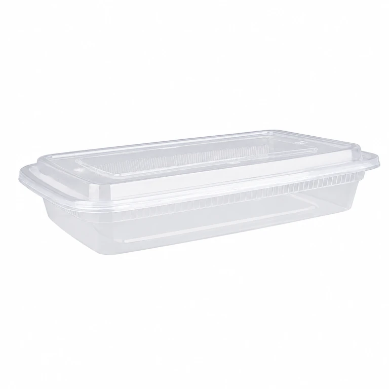 Single-use plastic takeout boxes with transparent bottoms and covers