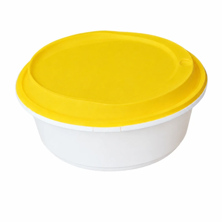 Disposable Thickened Plastic Round Bowl with Lock Lid, 1000ml, White Bowl / Yellow Lid