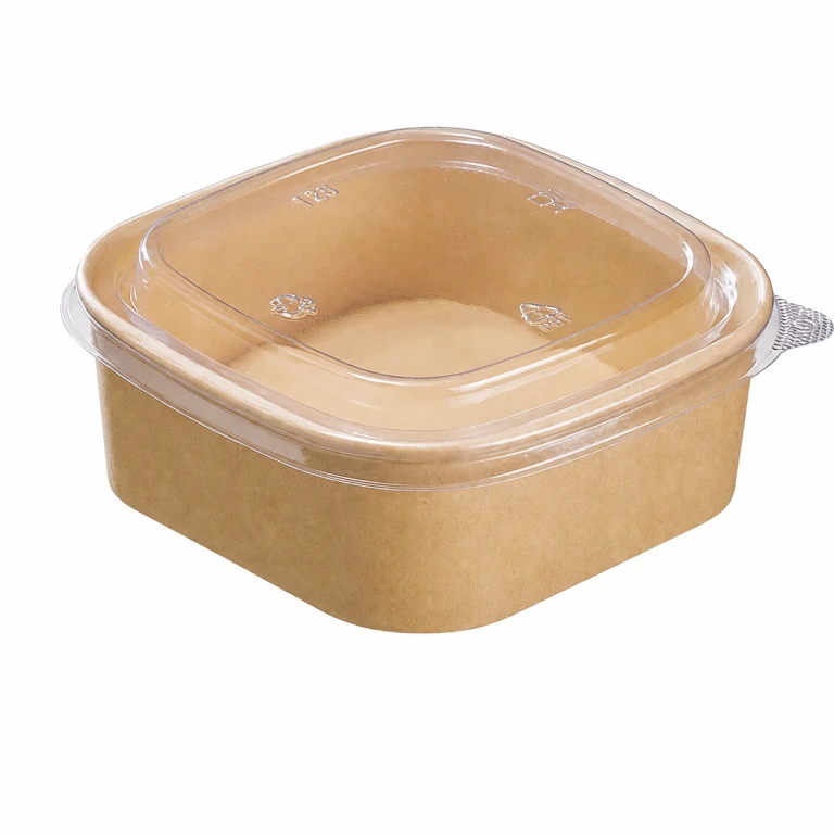 Kraft Paper Square Bowl 500ml with PET Lid