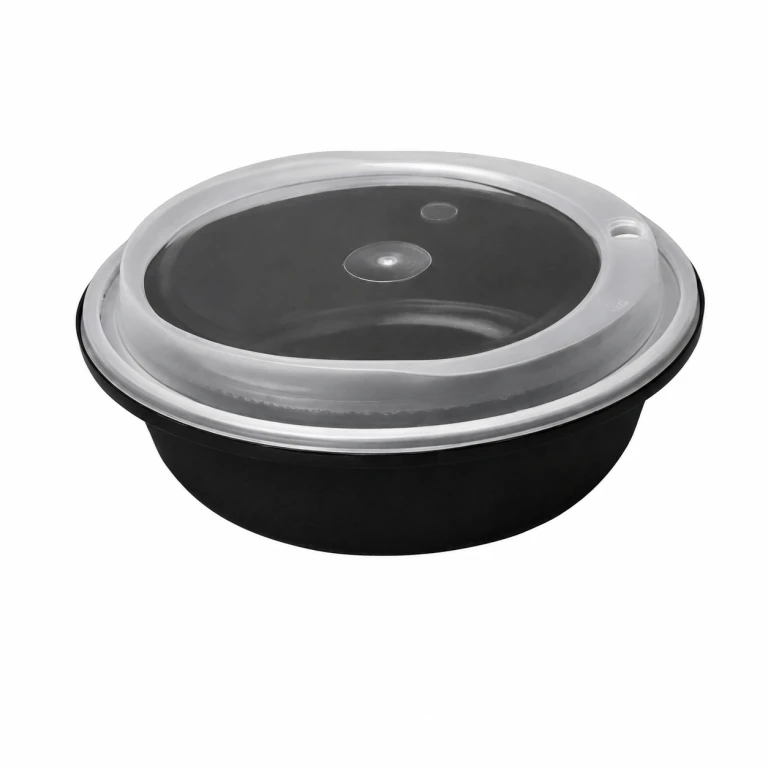 Disposable Thickened Plastic Round Bowl with Lock Lid, 750ml, Black