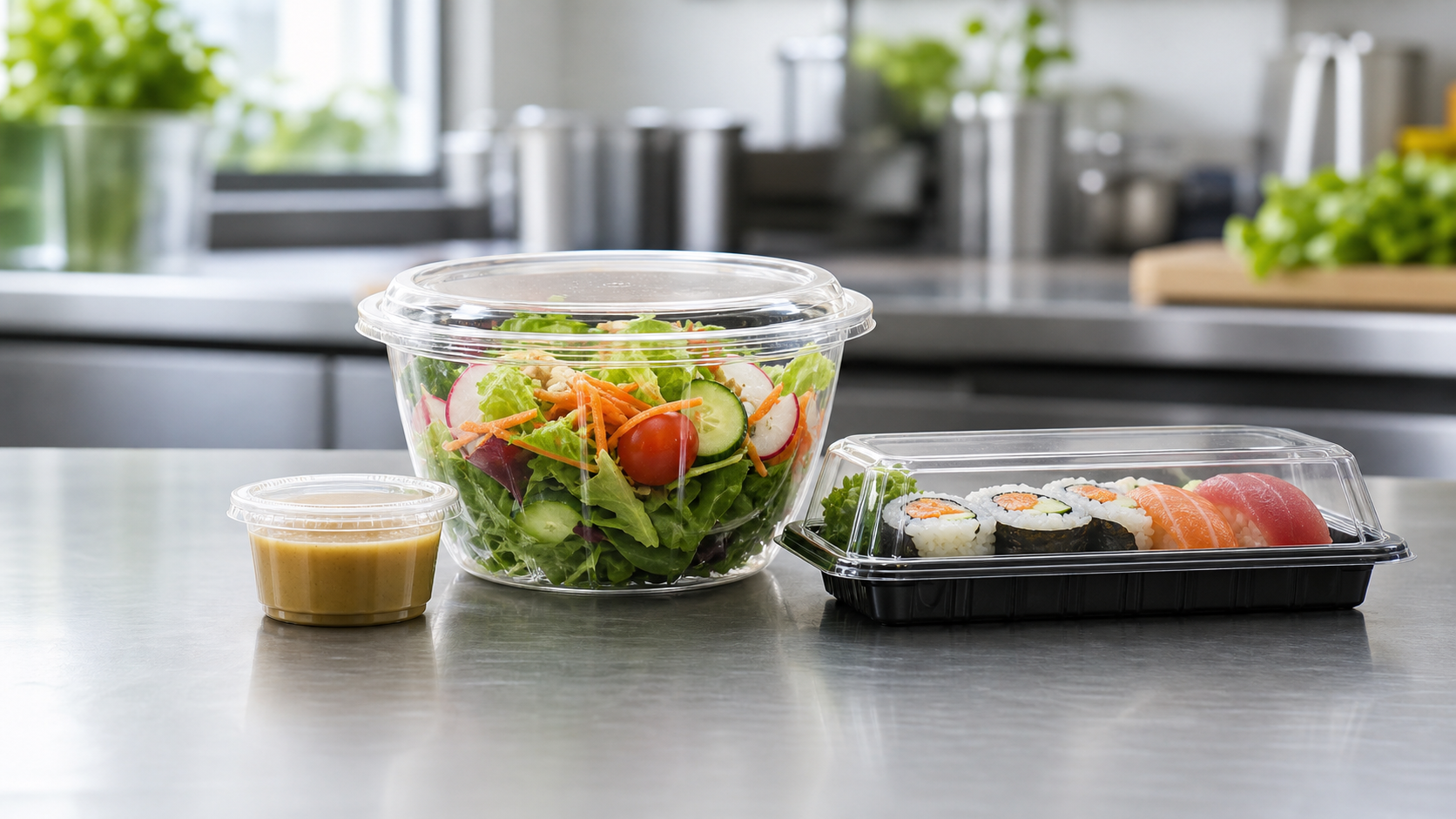 Unbranded clear-lidded salad bowl, sushi tray and dressing cup on a prep counter