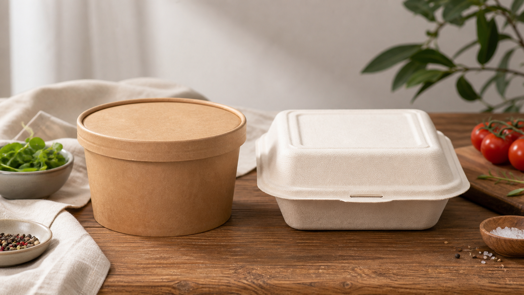 Unbranded kraft paper bowl and natural fiber food container on a wooden table