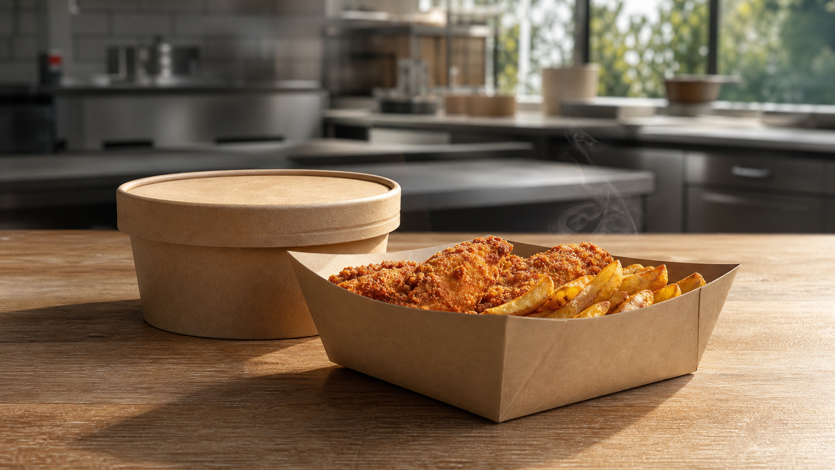 Unbranded lidded paper bowl and food tray with a hot meal on a counter