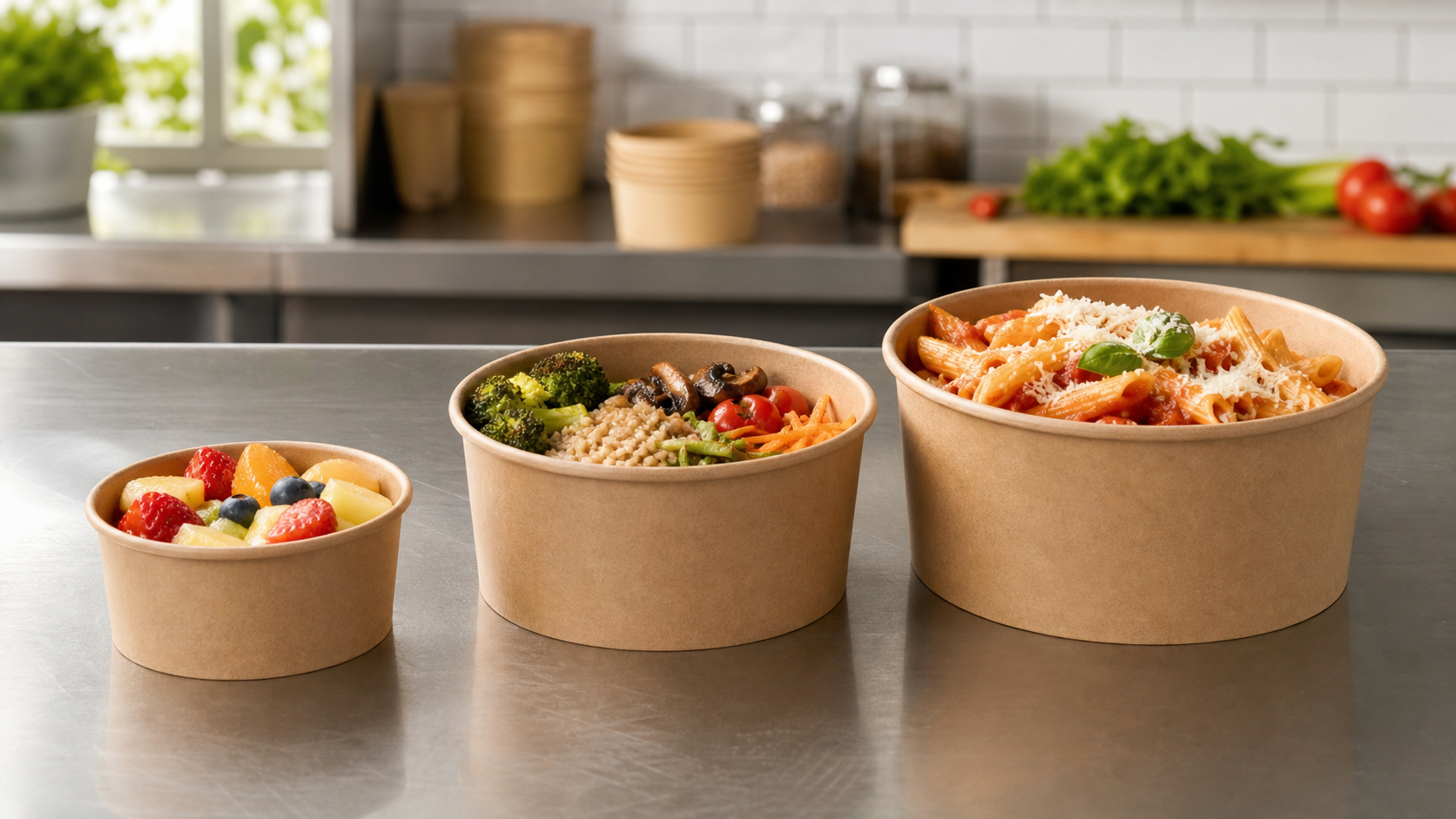 Three unbranded food bowls in small, medium and large sizes on a prep counter