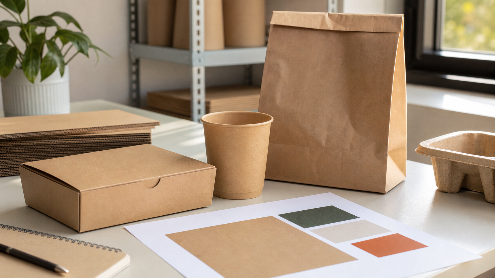 Unbranded kraft packaging samples and an abstract artwork approval sheet on a desk