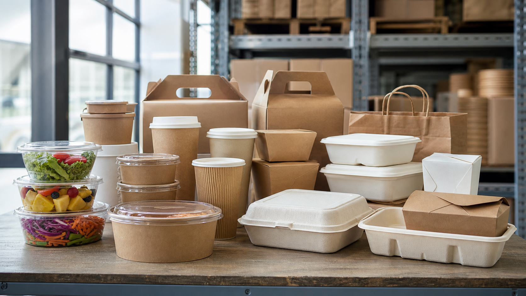 Unbranded foodservice packaging formats grouped on a warehouse table
