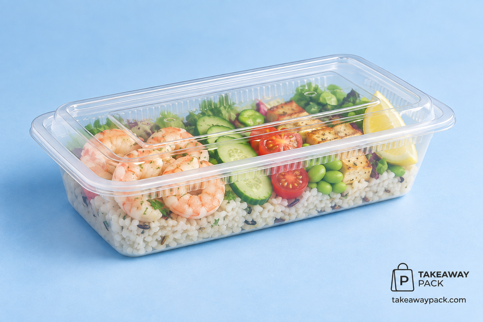 Clear rectangular food container with shrimp, grains, vegetables, and a Takeaway Pack logo.