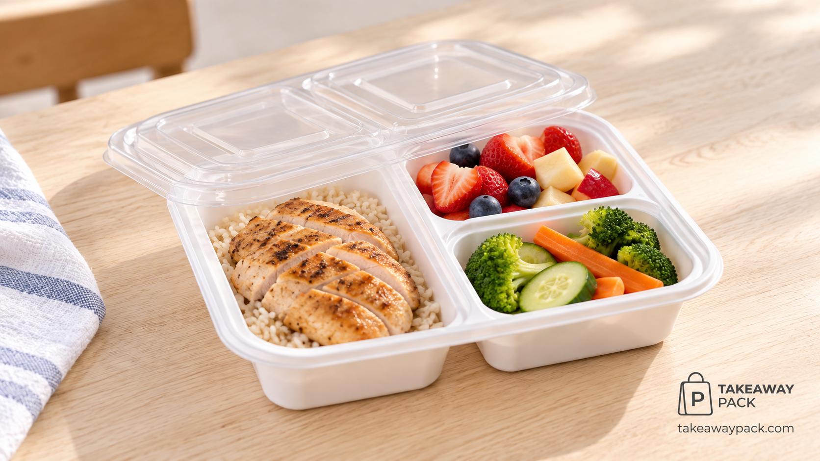 White three-compartment meal container with a clear lid on a wooden table holding sliced grilled chicken over rice, berries with apple, and broccoli, carrots, and cucumber.