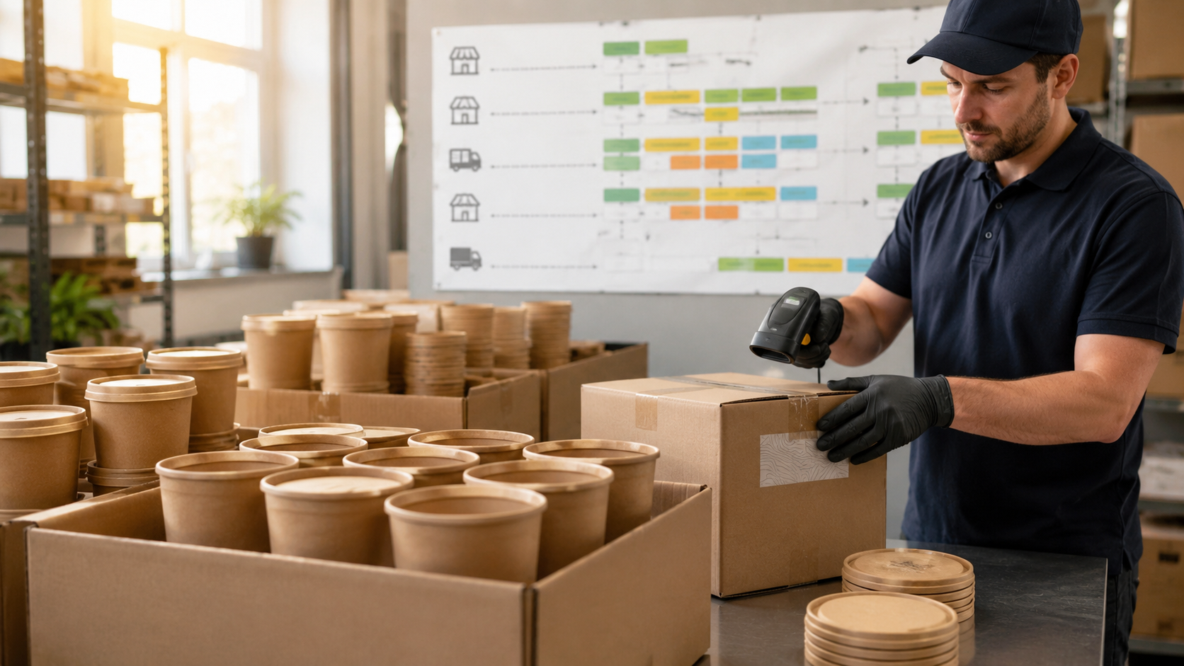 Batch-aware foodservice packaging handover across a multi-store network