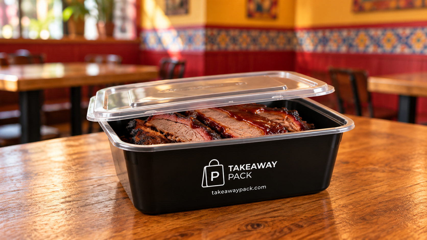 Black rectangular food container with sliced barbecued meat and a raised clear lid, branded Takeaway Pack.
