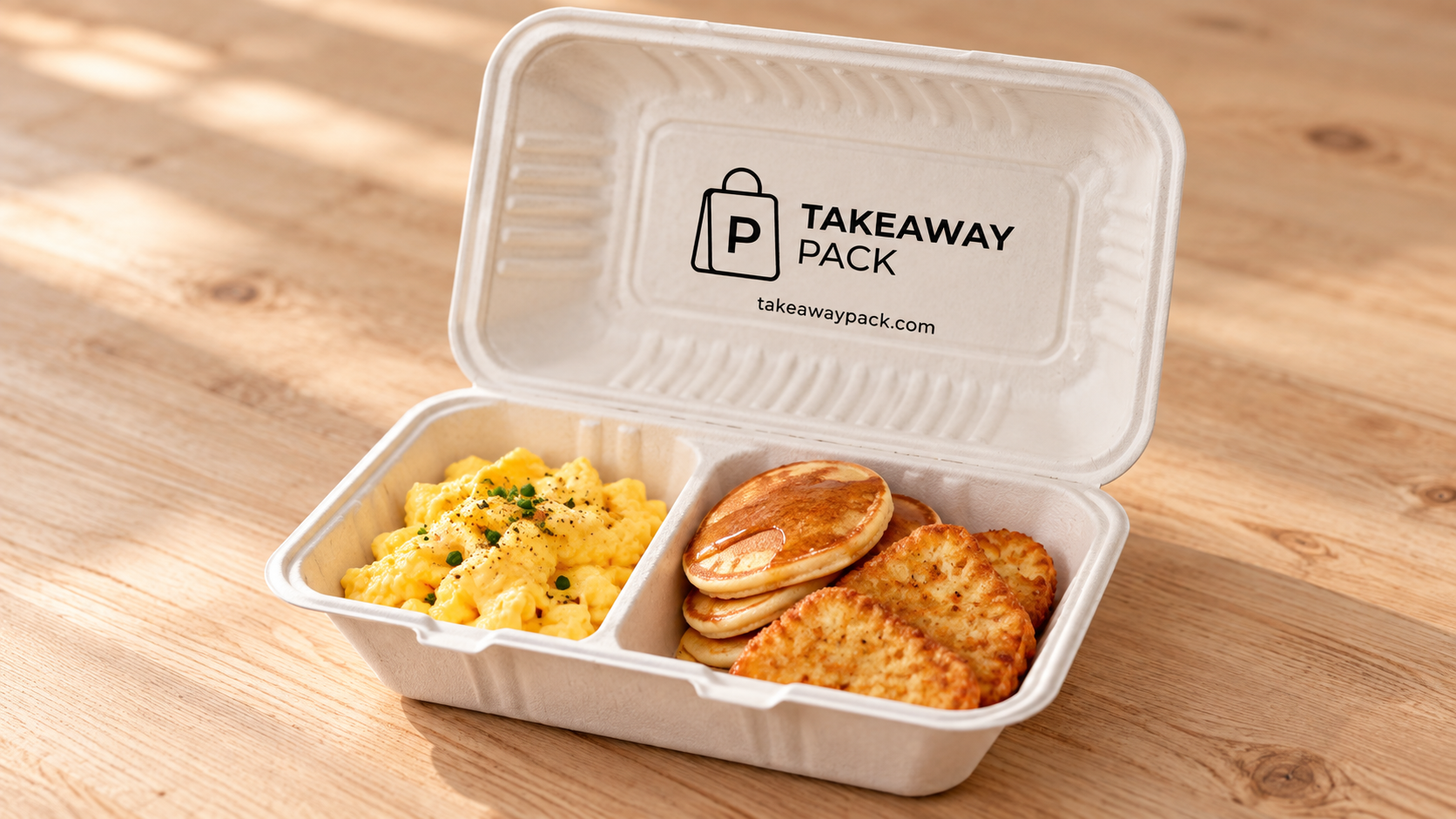 Open beige moulded-fibre takeaway box on a wooden table holding scrambled eggs with chives, pancakes, and hash browns.
