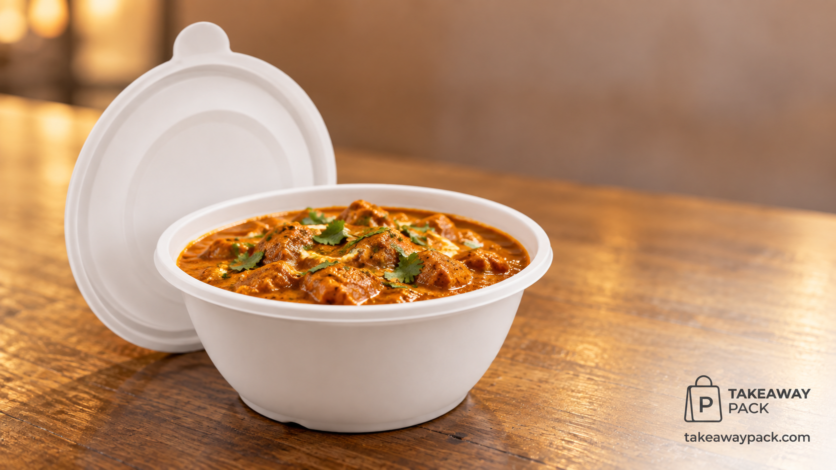 White takeaway bowl of red curry with its lid beside it.