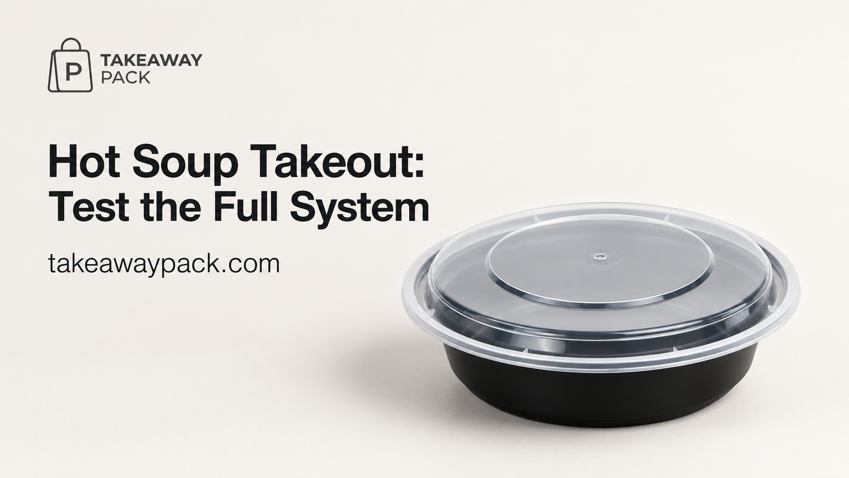 Black round soup container with a clear fitted lid.