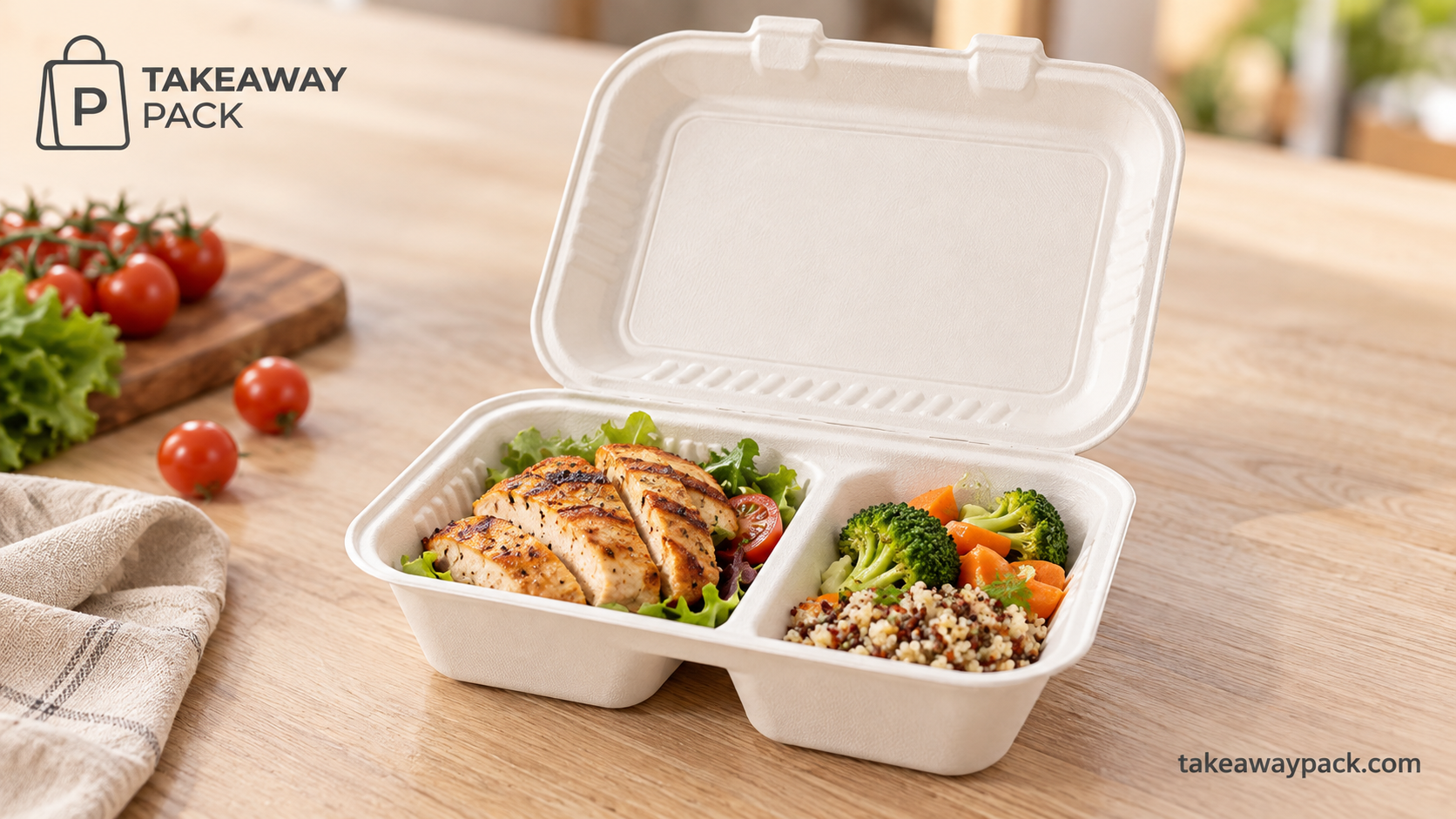 Open two-compartment bagasse takeaway box on a wooden table holding sliced grilled chicken with lettuce and quinoa with broccoli and carrots.