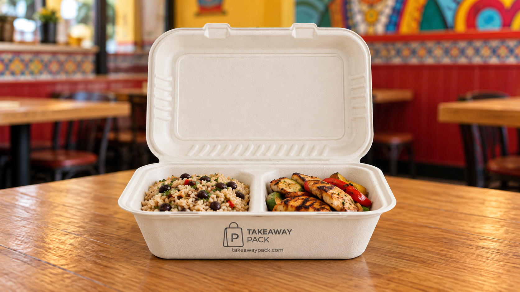 Open divided food container with rice, beans, grilled chicken, and vegetables, branded Takeaway Pack.