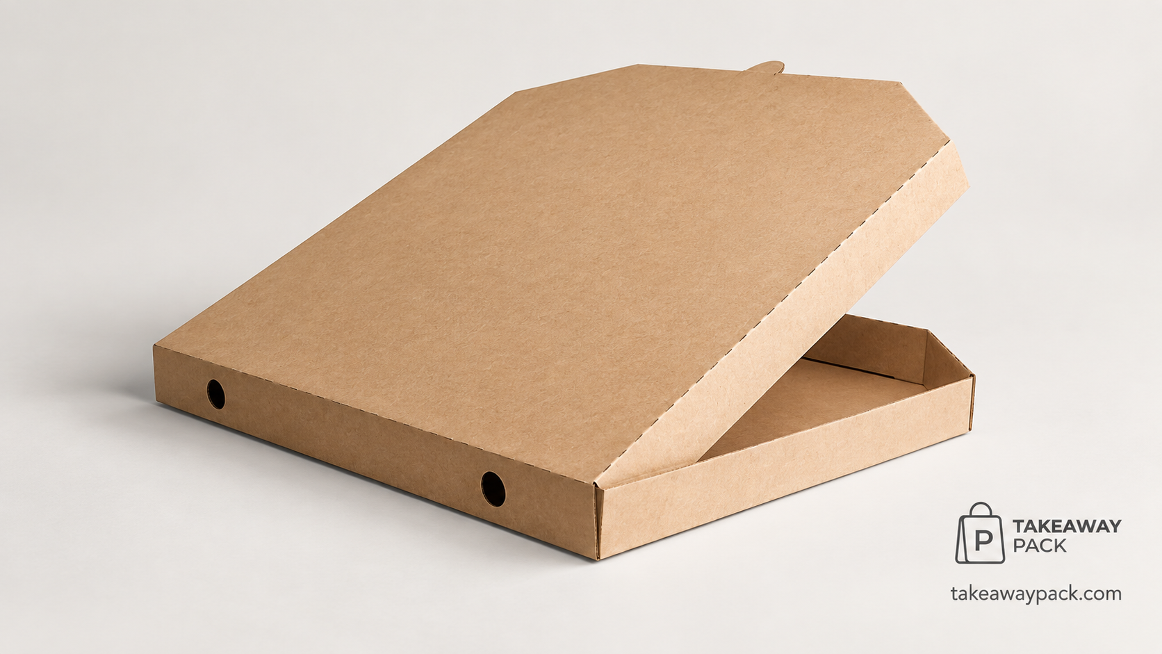 Empty kraft pizza box with its lid open.