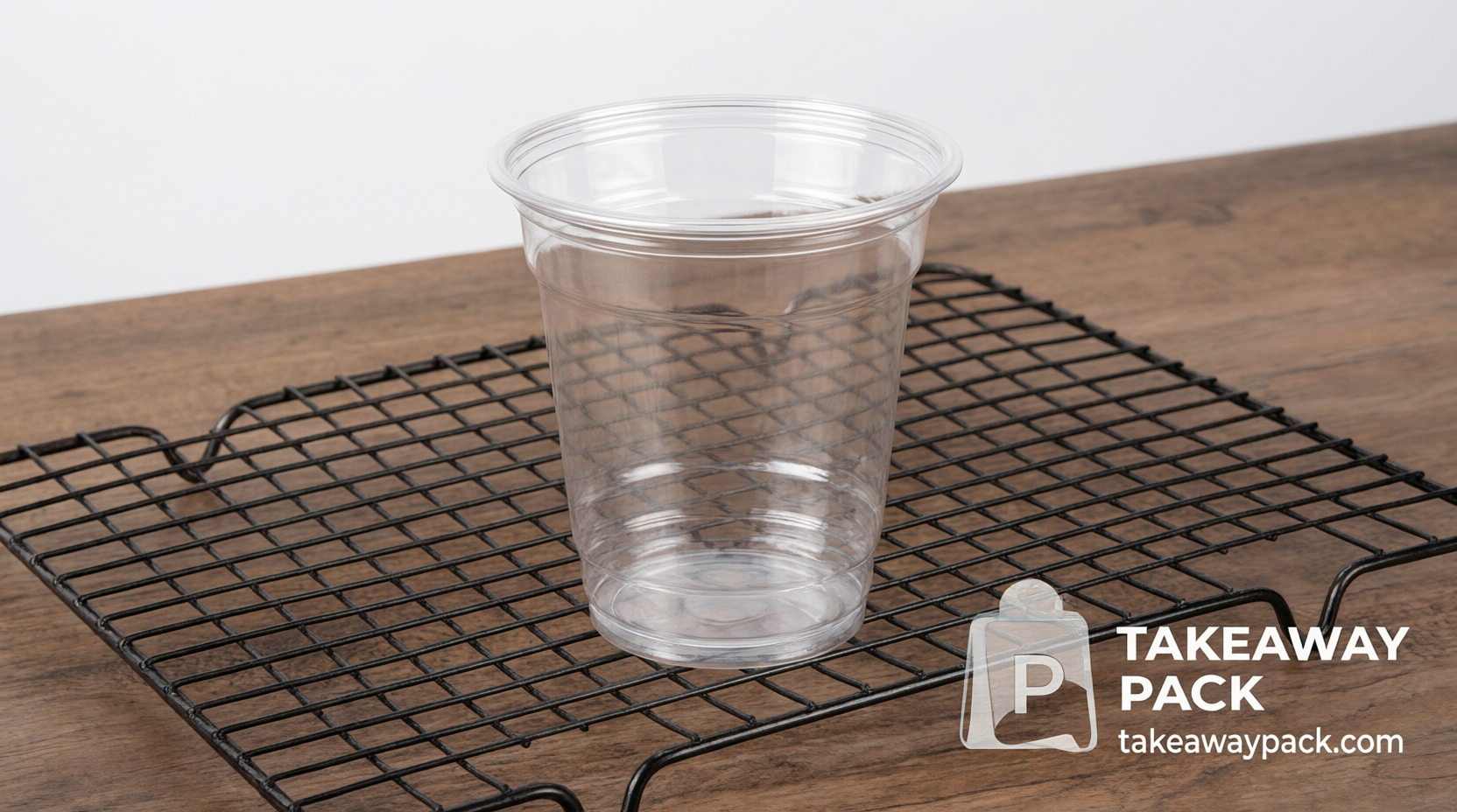 Empty clear plastic cup standing on a black wire cooling rack on a wooden table against a white background.