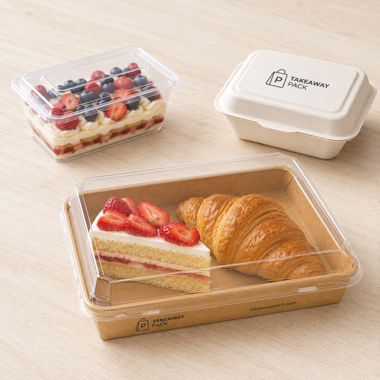 Three bakery boxes side by side: a clear plastic box with a berry-topped cake, a brown paper box with a strawberry cake and croissant, and a white paper box with a cake.